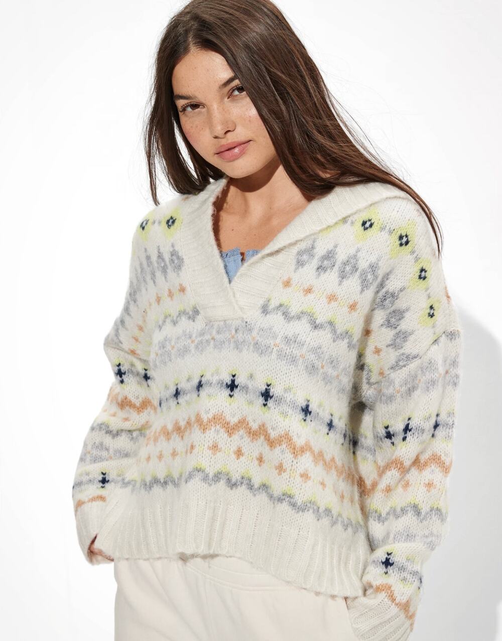 American Eagle Fair Isle Nordic Chunky Sweater Womens Large Cozy Wool Blend